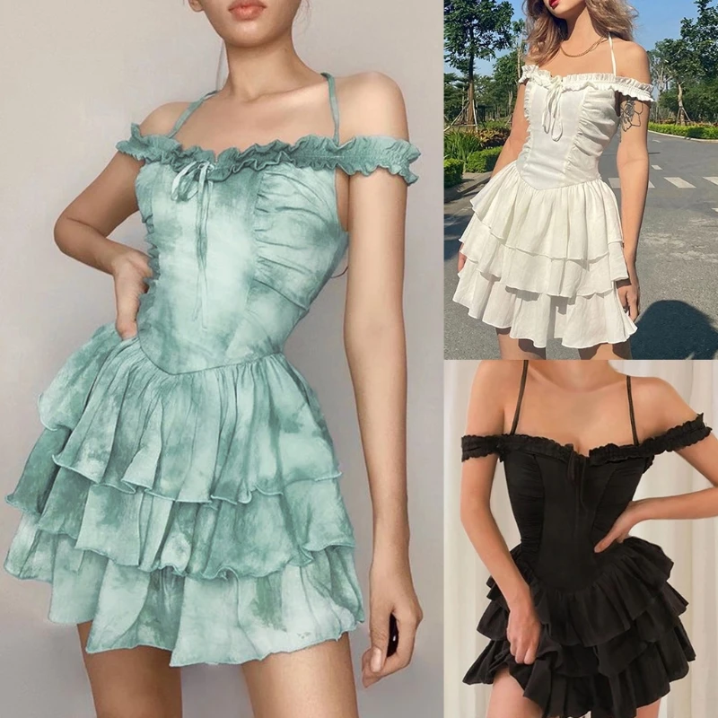 

Women Sexy Halter Ruffles Off Shoulder Mini Dress Lace-Up Layered Swing Sundress
