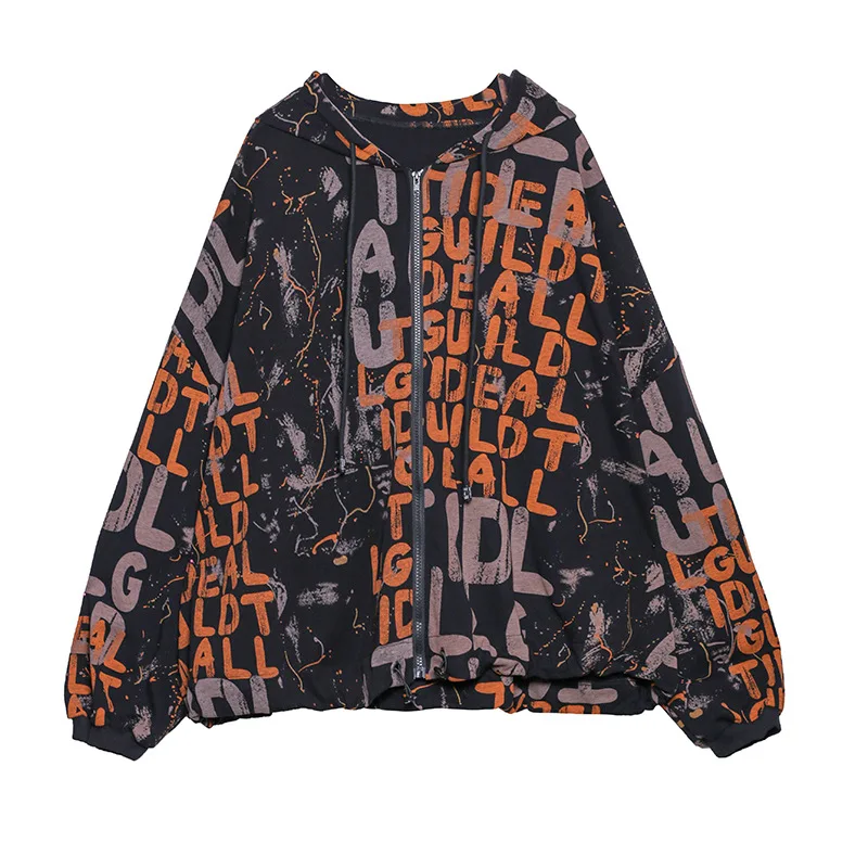 

QING MO Large Size Women Jacket 2020 Autumn Printing And Dyeing Short Jacket All-match Ins Tide Hooded Cardigan Coat LHXX298