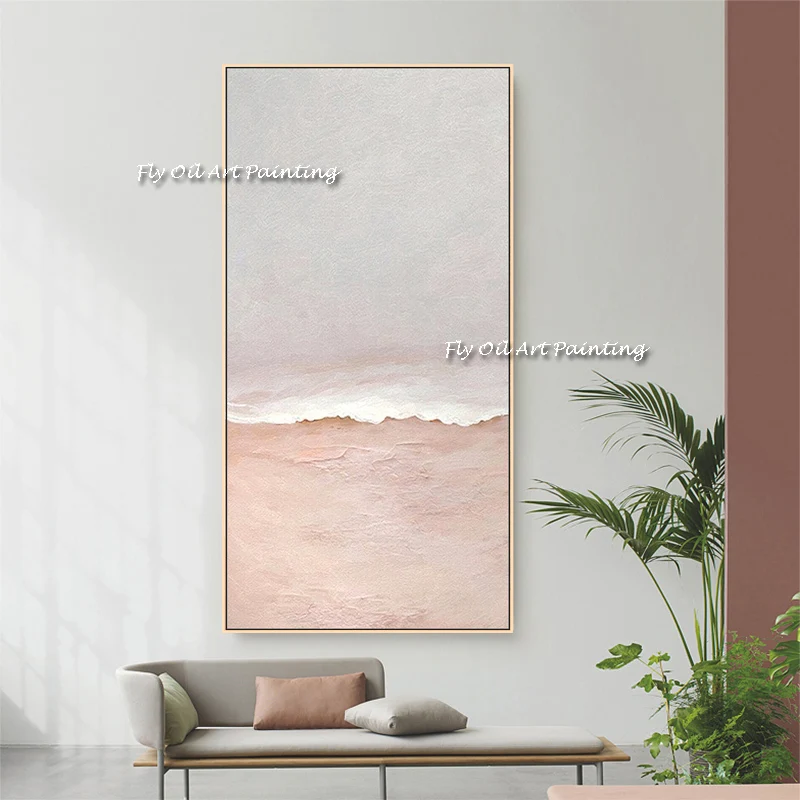 

Large Wall Art Sea Level white Oil Painting,pink sand beach ,Sky Landscape painting,Large Ocean Canvas Oil Painting