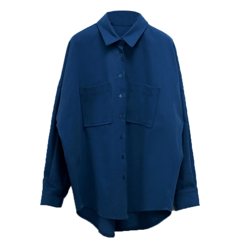 

2021 New Spring Double Pockets Turn-down Collar Cotton Women's Blouse Casual Loose Female Blouse Tops Workwear Shirts FS257