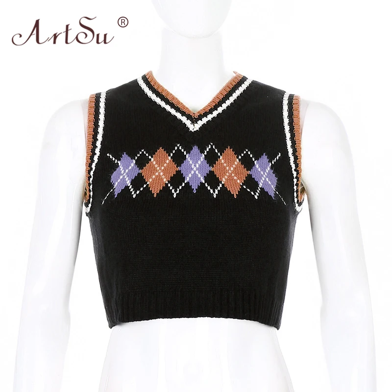 

ArtSu Women Argyle Plaid Knitted Tank Top Streetwear Preppy Style Girls Autumn V Neck Cropped Knitwear Vest Black Crop Top