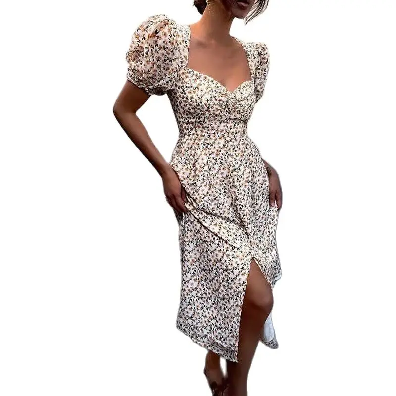 

Women Summer Puff Sleeve Split Beach Dresses Fashion Elegant Floral Print Boho Long Dress Lady Sexy V-Neck Party Dress Vestidos