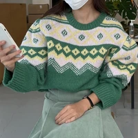 korean knitted pullover winter foreign style aging round neck loose avocado contrast jacquard christmas sweater female