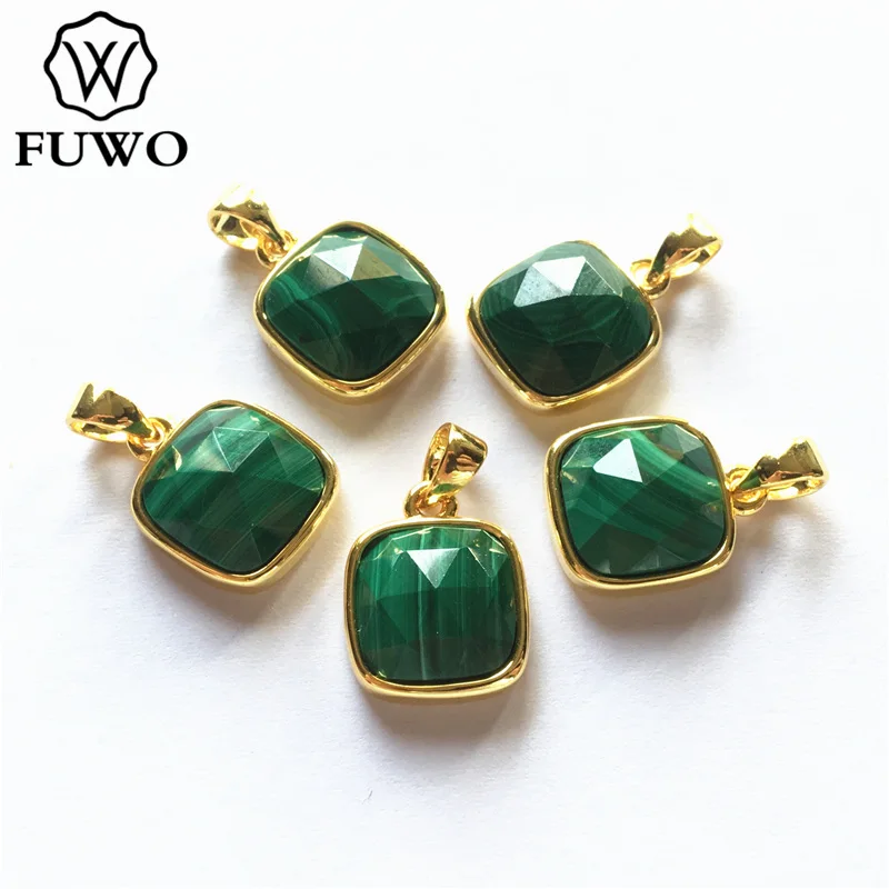 Кулон фуво из Малахита золотистый угловой квадратный с зеленым узором шарики