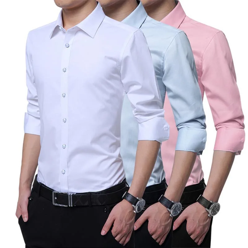 Рубашка мужская с длинным рукавом деловая Повседневная блуза Slim Fit однотонная