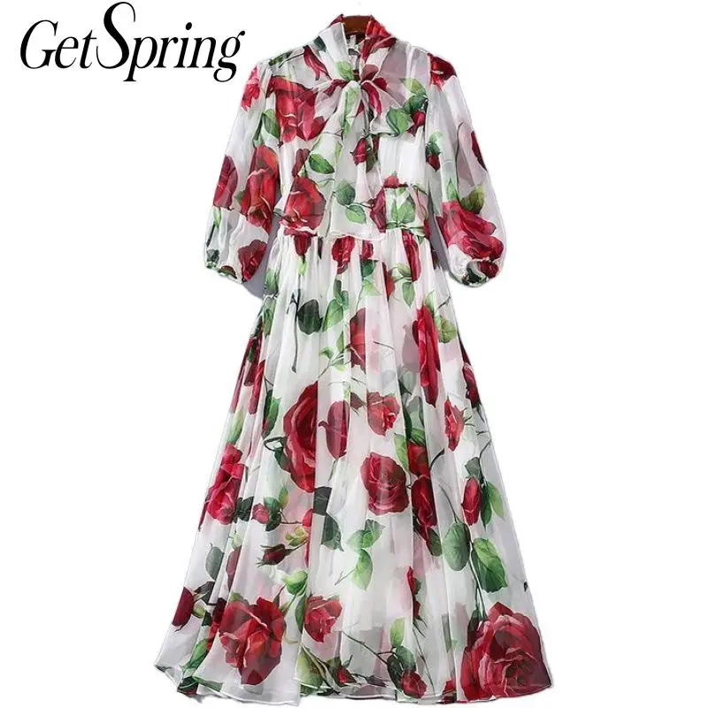 

Getspring Women Dress Bow Printing Chiffon Bohemian Dresses For Women Plus Size Vintage Flower Girl Beach Dresses 2021 Fashion