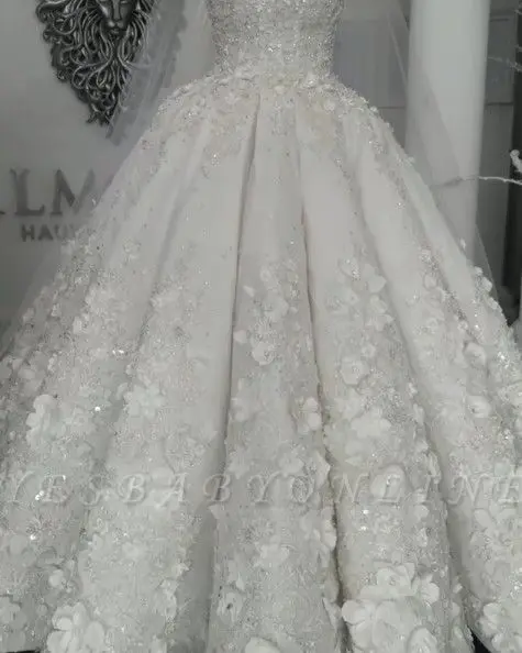 Real Video New Long Gorgeous Sleeveless Crystal Ball Gown Wedding Dresses With Handmade Flowers Robe De Mariee