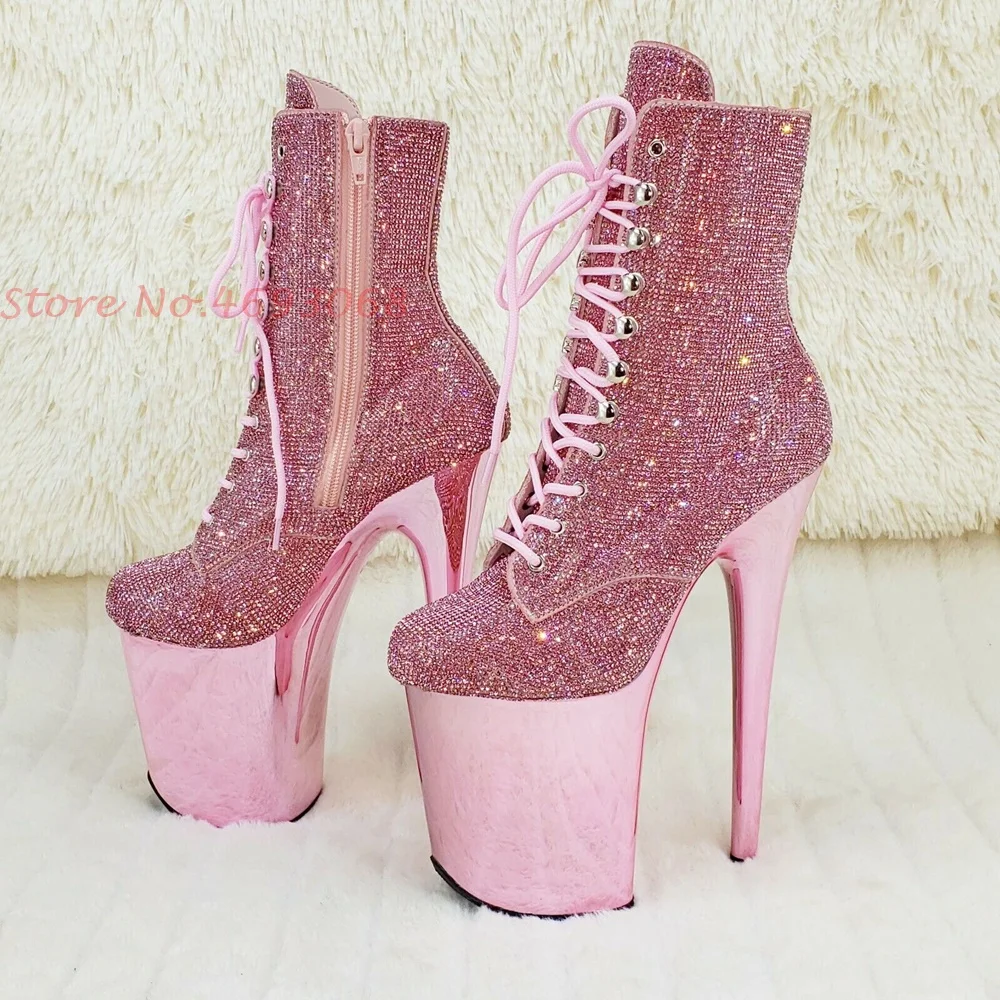 

Pink Studded High Platform Booties Front Lace Bling Women Super High Thin Heels Shoes British Style Novelty Design For Women