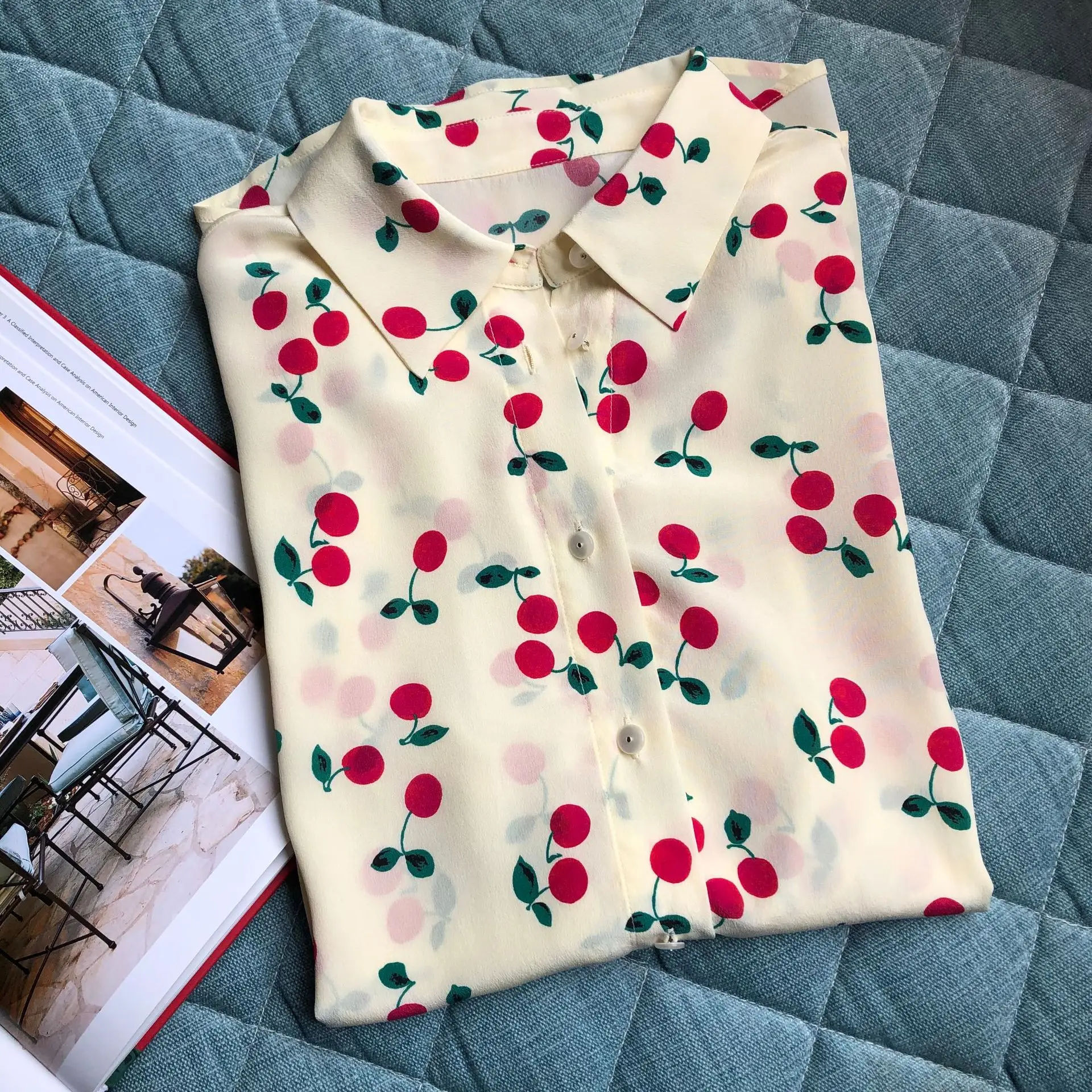 

Cherries French Gentle Temperament Sweet Cherry Print Long Sleeve Turn-down Collar Shirt Women Shirt