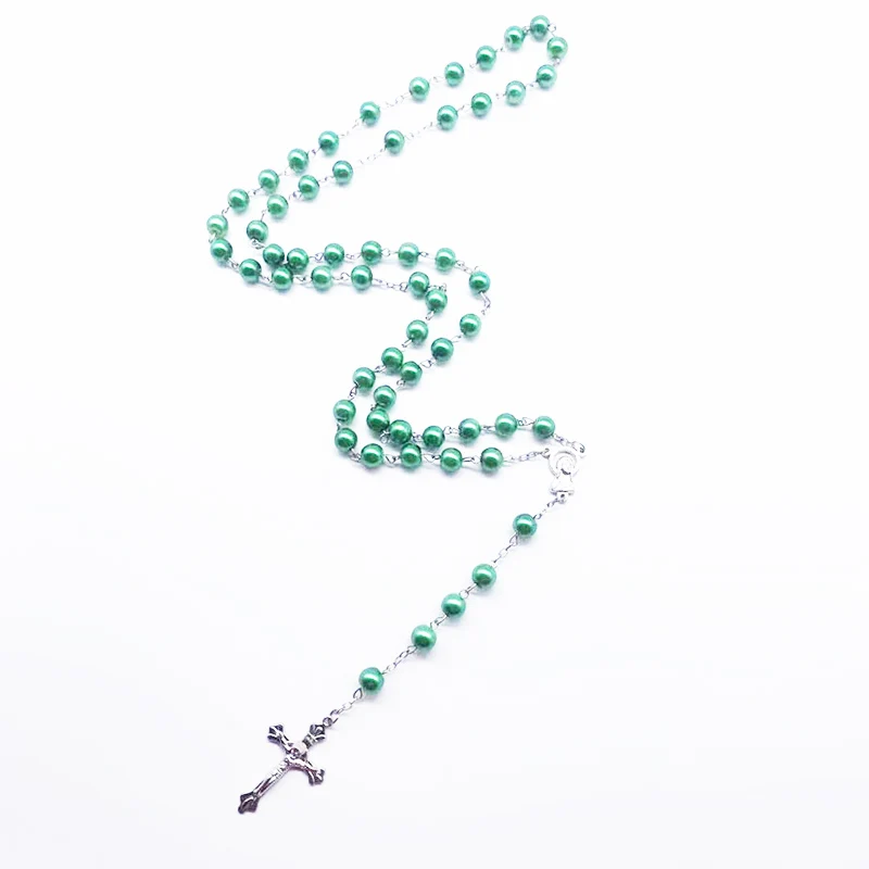 Модное темно зеленое жемчужное ожерелье с крестом 7 мм религиозное Молитвенное Девы Марии|Ожерелья