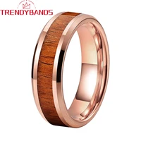 6mm 8mm rose gold tungsten carbide rings for men women wedding band wood inlay beveled edges polished shiny comfort fit