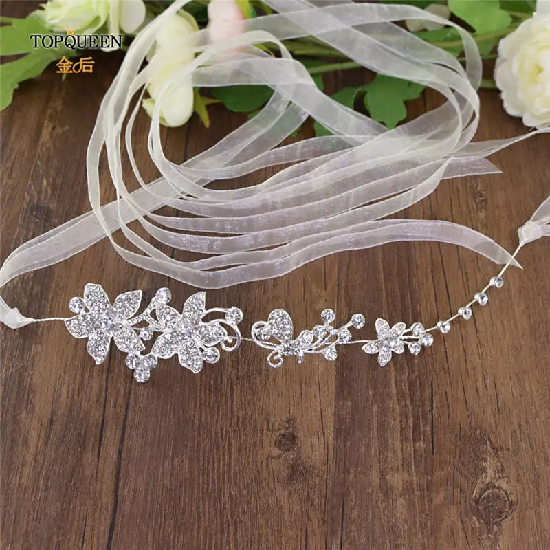 ivory organza TOPQUEEN SH260 Большой Хрустальный цветок пояс невесты Тонкий цветочный свадебный пояс горный хрусталь цветок свадебный пояс серебряный сплав пояс невесты - Цвет: ivory organza