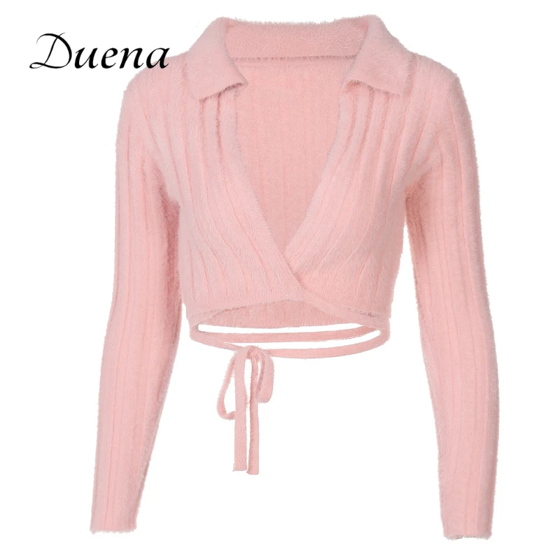 

Duena Winter Collar Bandage Crop Top Women 2021 Fashion Solid Street Wear V Neck Pink Knit Shirt Sheath