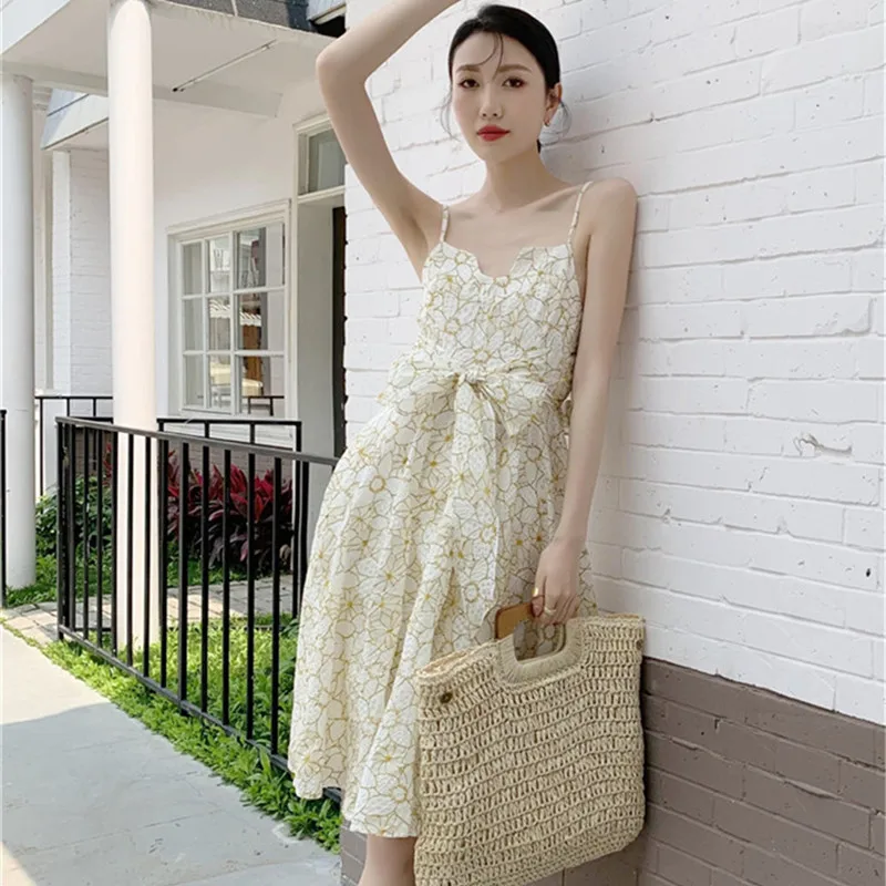 

Female Summer Slim Sweet Floral Print Camisole Dress Women Elegant Fashion Backless Ruffles Dresses Ladies Brand Vestidos ML50