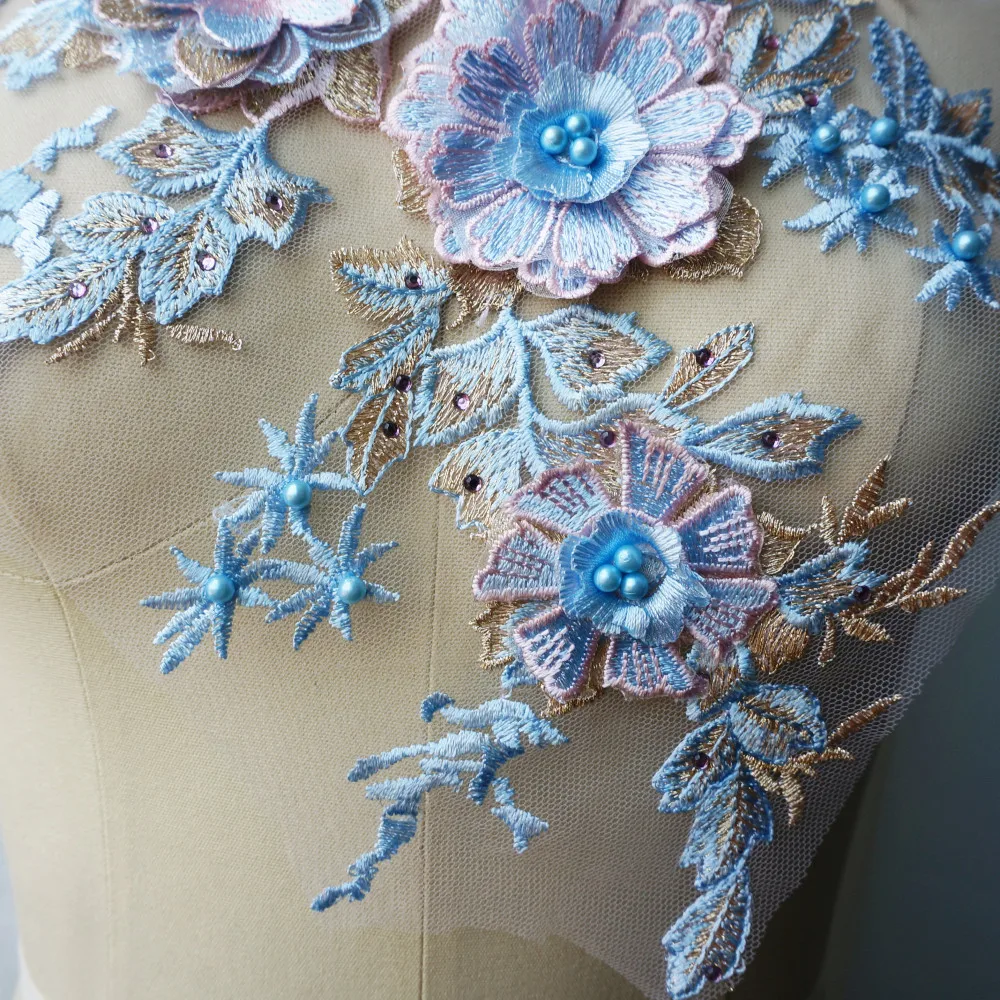 Синяя кружевная ткань 3D цветок бисер горный хрусталь Вышитые свадебное платье