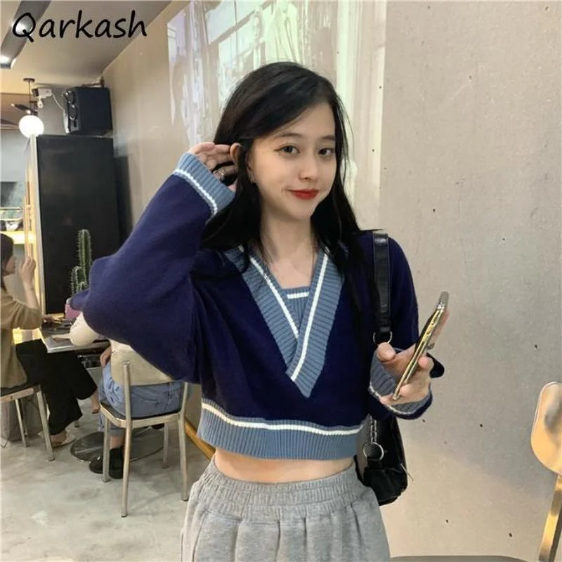 

Pullovers Women Long Sleeve Girls Sexy Korean Style V-neck Crop Sweaters Ladies Elegant Simple Clothing Ulzzang Teen Autumn Soft