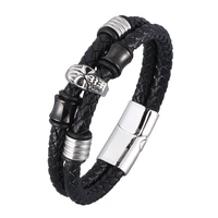 punk black double genuine leather skull bracelets bangles for men stainless steel trendy male wristband hand jewelry gift pd0951