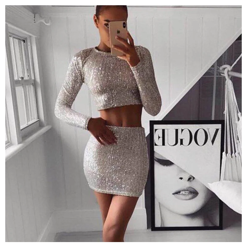 

Women Autumn Winter Sequin 2 pcs Suit Sexy Sparkling Long-sleeved Top and Short Skirt Two Peice Set