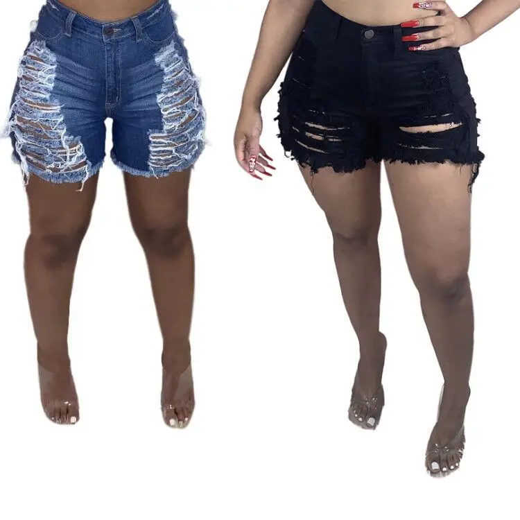 

Denim Shorts High Wasit Stretch Sport Fitness Broken Worn Edges Ripped Casual Sexy Jeans Denim Shorts Women Short Femme