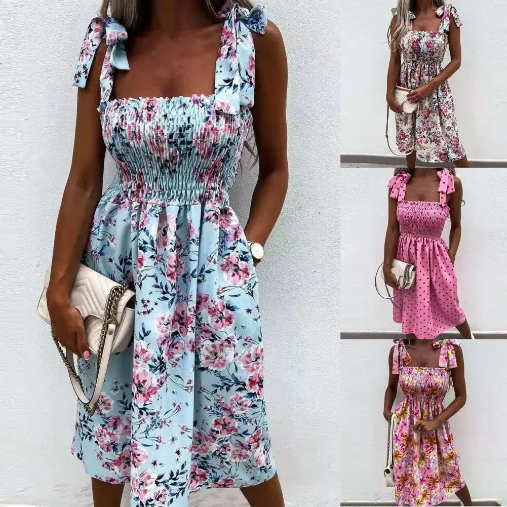 

Модное платье Регулируемые плечевые ремни для женщин платье в горошек с цветочным принтом талии узкие A-Line платье на петельках для вечерние