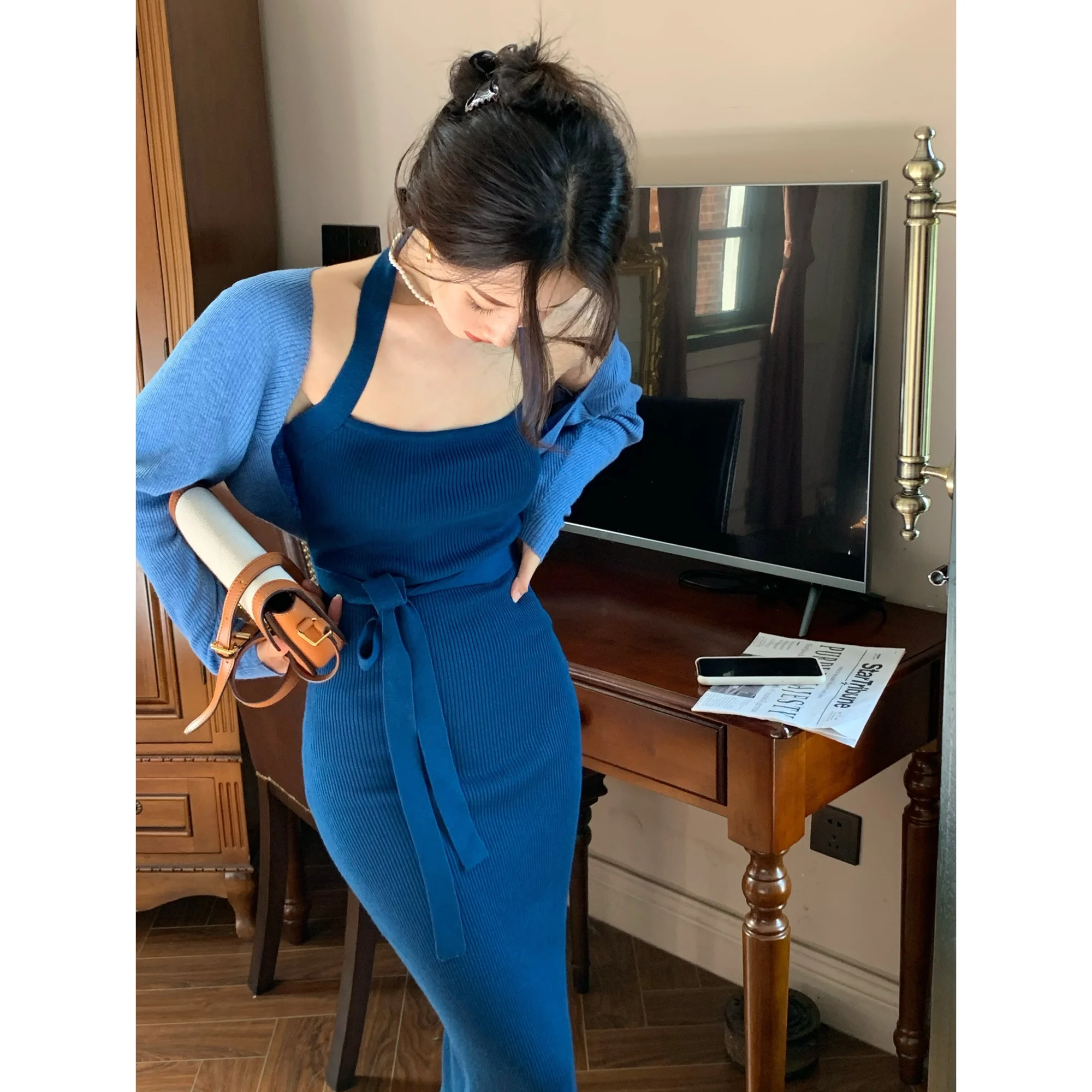 

CMAZ Dress For WomenRetro Knitted Halter Dress Women's Elegant Slimming Elegant Hot Girl Blue Small Hip Skirt Autumn Clothing