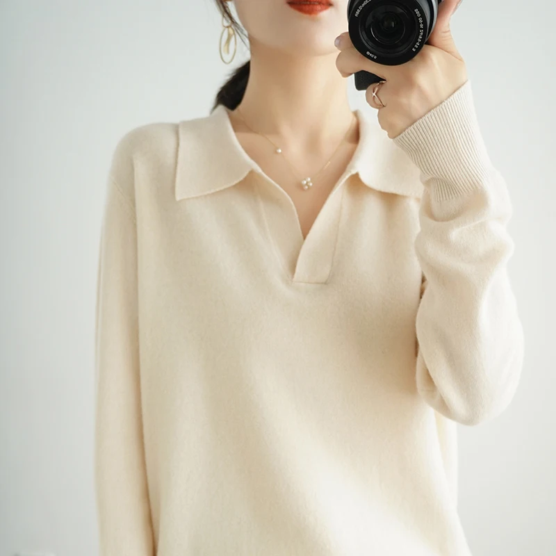 

Autumn Winter Long Sleeve Cashmere Sweater Women's Casual Knitted Jumper Fashion Loose polo collar Knitwear Oversized Pullovers