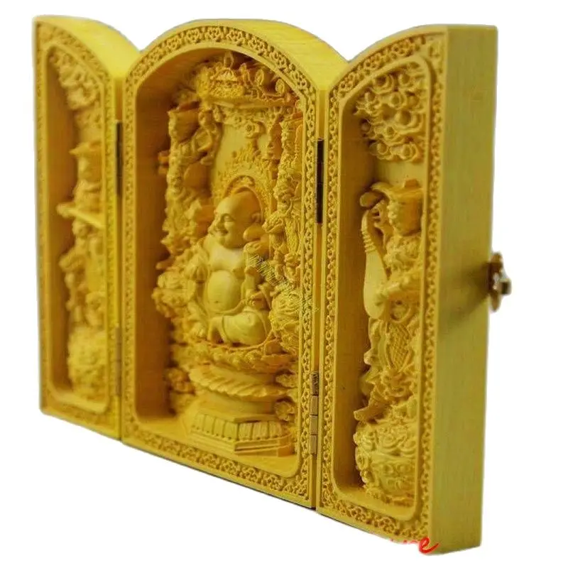 

DECORATED BOXWOOD HIGHLY DIFFICULTY CARVED FLODING BOX -- MAITREYA BUDDHA