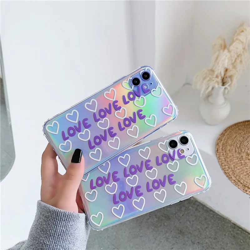 Чехол для телефона Rainbow Holographic Laser для iPhone 7 8 Plus X XS MAX XR 5S 6 6S Soft TPU Glossy 3D Hearts Back on.
