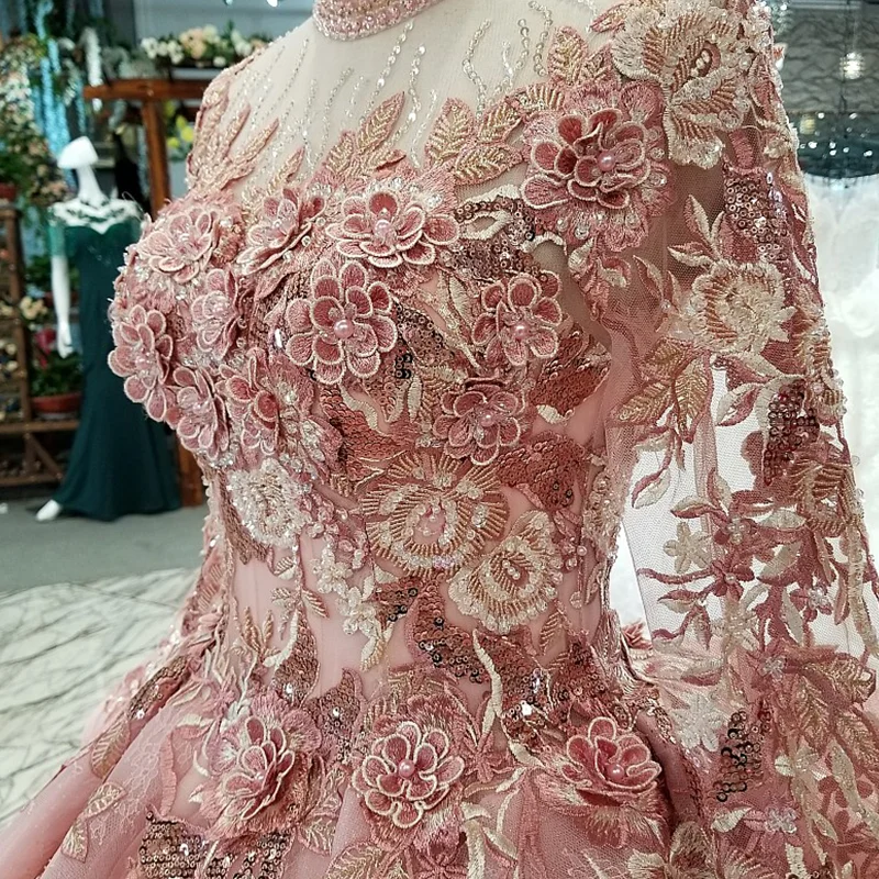 LS320400 Pink Special Puffy Party Dresses 2020 High Neck Long Tulle Sleeve Lace Up Back Can Make For Muslim