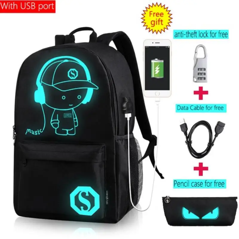 Повседневное персональное Mochila Аниме Мультфильм светящийся студенческий Противоугонный рюкзак для мужчин USB для зарядки Mochila luminosa Mochila Antirrobo - Цвет: Music kid with USB