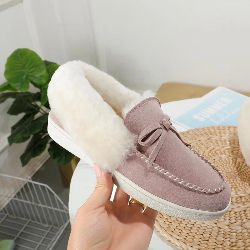 

Leisure Women Shoes Winter Wool Chaussure Femme Warm Plush Fur Casual Flats Slip-on Shallow Loafers Sweet Bow-knot Zapatos Mujer