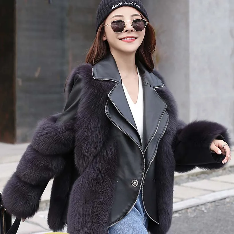 2020 Winter High Street Black Short Real Fur Coat Genuine Leather Fox Hair Fur Overcoats Turn-down Collar Thick Women Outwear