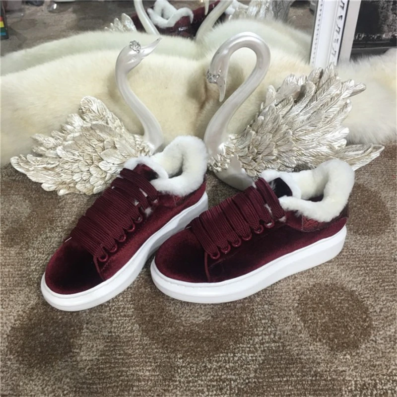 Новые модные бархатные женские кроссовки со шнуровкой зимние носки меховые