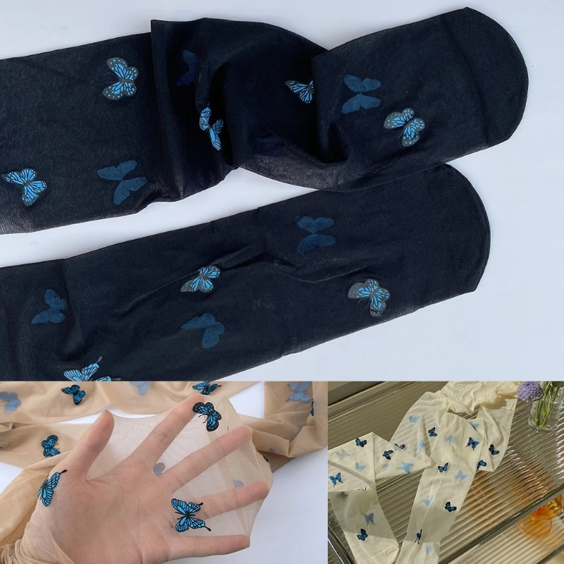 

Women Girls Blue Butterfly Print Pantyhose Summer See-Through Ultra-Thin Silky Tights Japanese Lolita Sweet Seamless Stockings