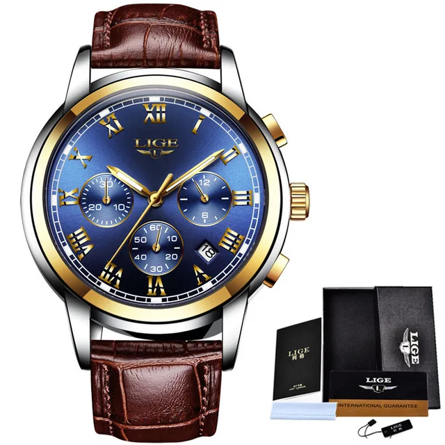 Gold blue L LIGE новые мужские часы Топ люксовый бренд мужские кожаные спортивные часы мужские светодиодный цифровые кварцевые часы водонепроницаемые военные наручные часы - Цвет: Gold blue L