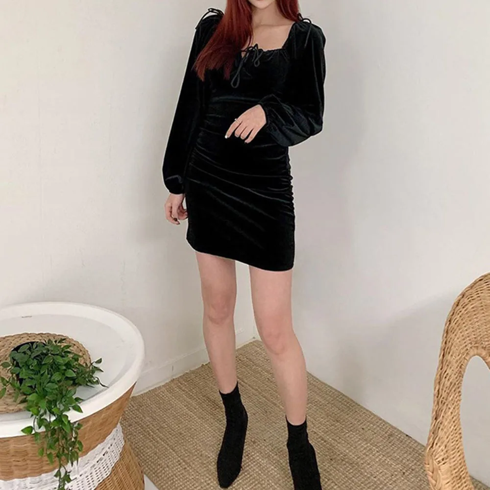Gothic Vintage Velvet Short Dresses Sexy Lace Up Dress Mini Night Club Fashion Black Long Sleeve Spring 2020 Summer Платье | Женская