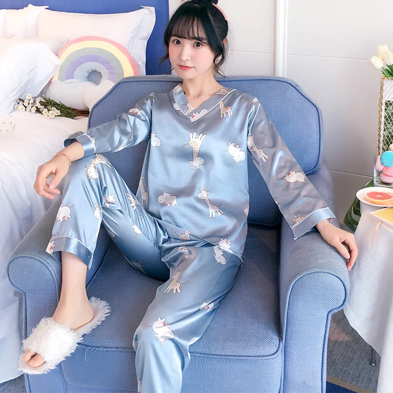 Осенняя Шелковая пижама с длинным рукавом для женщин pijama mujer, милый пижамный комплект с мультяшным принтом, домашняя одежда, длинные штаны, сексуальные пижамы