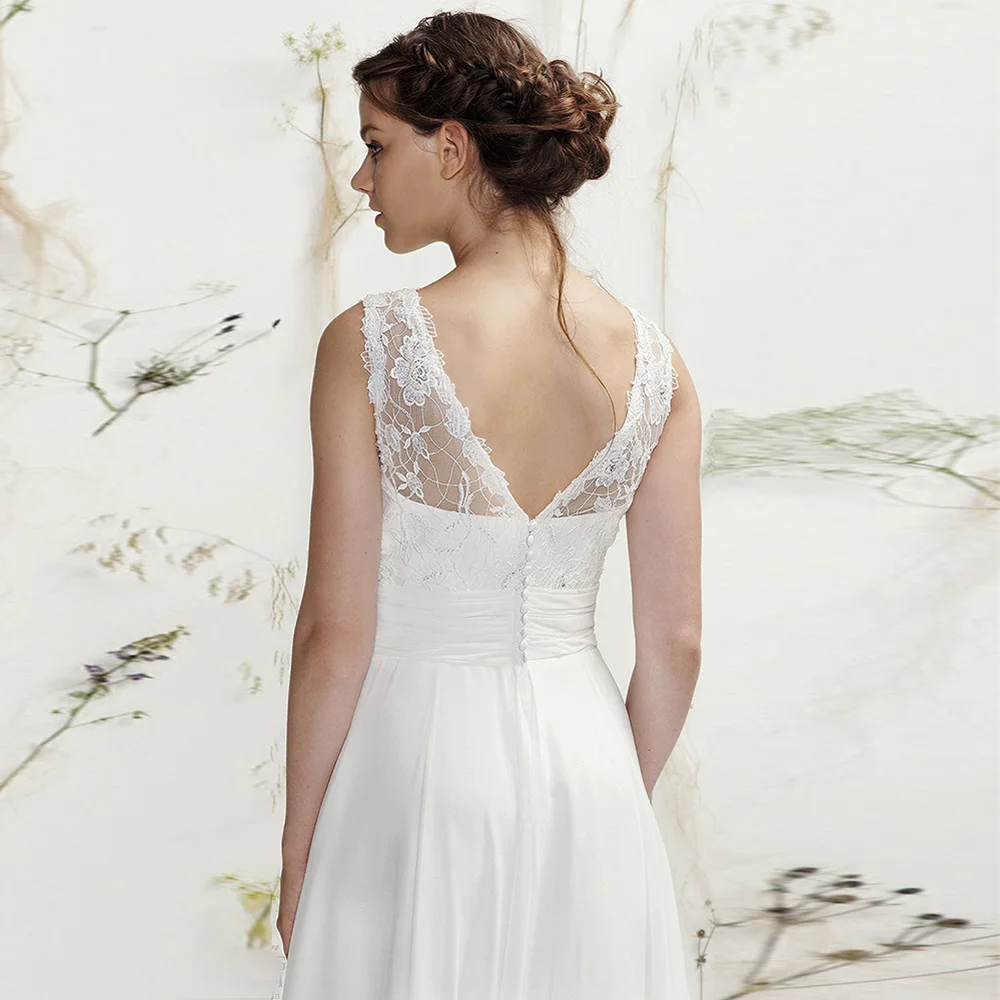 

vestido de noiva White Chiffon Lace Neck V-back vestidos de noiva Beach Appliques Bridal Gowns 2018 Mother of the Bride Dresses