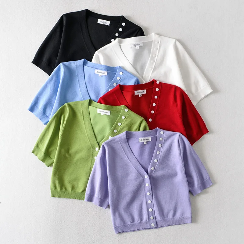 

Тонкий с высокой талией v-образный вырез однобортный вязаный Укороченный кардиган Женские пуговицы с коротким рукавом 2020 Осенние Топы