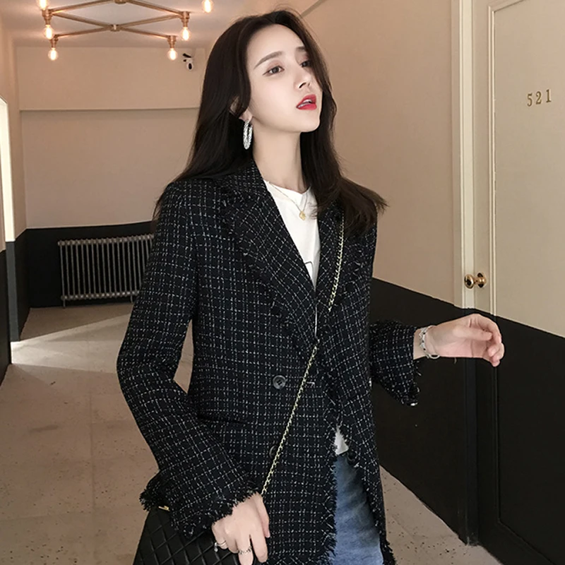 Women Blazer Casual Office Plaid Jacket Autumn Notched Collar Long Sleeve Tweed Suit Ladies Jackets Double Breasted Blazer Coat women solid blazer double breasted jacket women casual notched collar blazer office ladies work suit new fashion outerwear