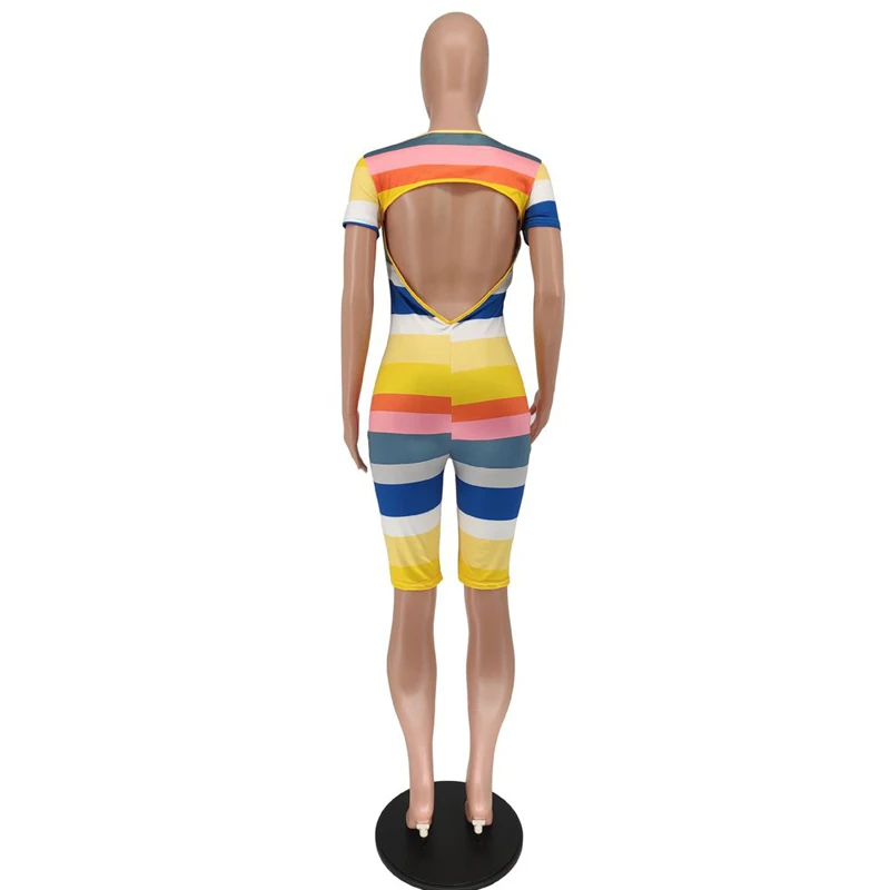 

TNNAOFF Sexy Striped Backless Bodycon Playsuit for Women Trendy Long Sleeve Elastic One Piece Club Streetwear Casual Rompers