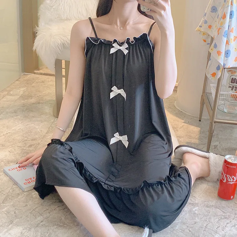 

Ночная сорочка женская с бантом, пикантная крутая летняя Пижама на бретелях-спагетти, холодный шелк, Свободная Домашняя одежда для студенто...