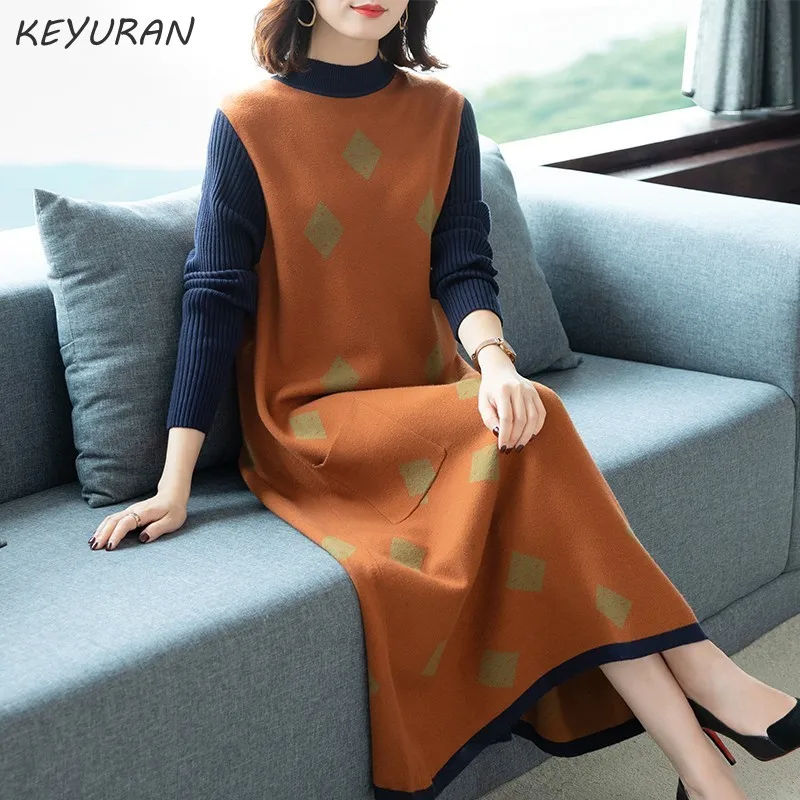 

Women Turtleneck Plus Size Oversized Fashion Trend Clothing Casual Knitted Sweater Dress Autumn Winter Patchwork dresses 2021