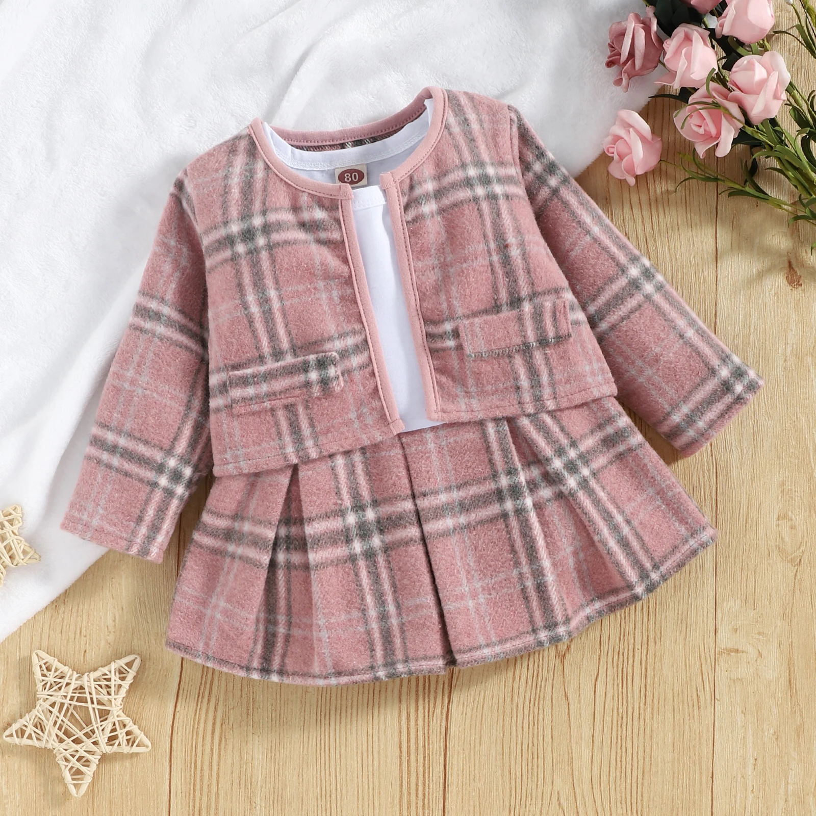 

Princess Autumn Winter Girls Party Clothes Set Cute Lovely Plaid Printed Pattern Long Sleeve Dress and Cardigan 2PCS Outfits