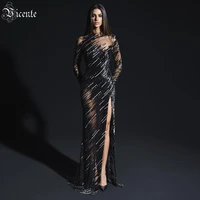 vc blacksilver sequin dress for women diagonal stripes design stand up collar long sleeved back hollow side slit long skirt