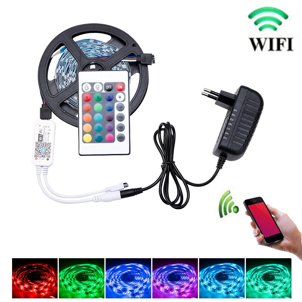 Светодиодный светильник 2835 SMD RGB лента 5 м 10 м 15 м DC12V 3528 Гибкая RGB Светодиодная лента e лента Диод+ 24Key контроллер+ адаптер EU