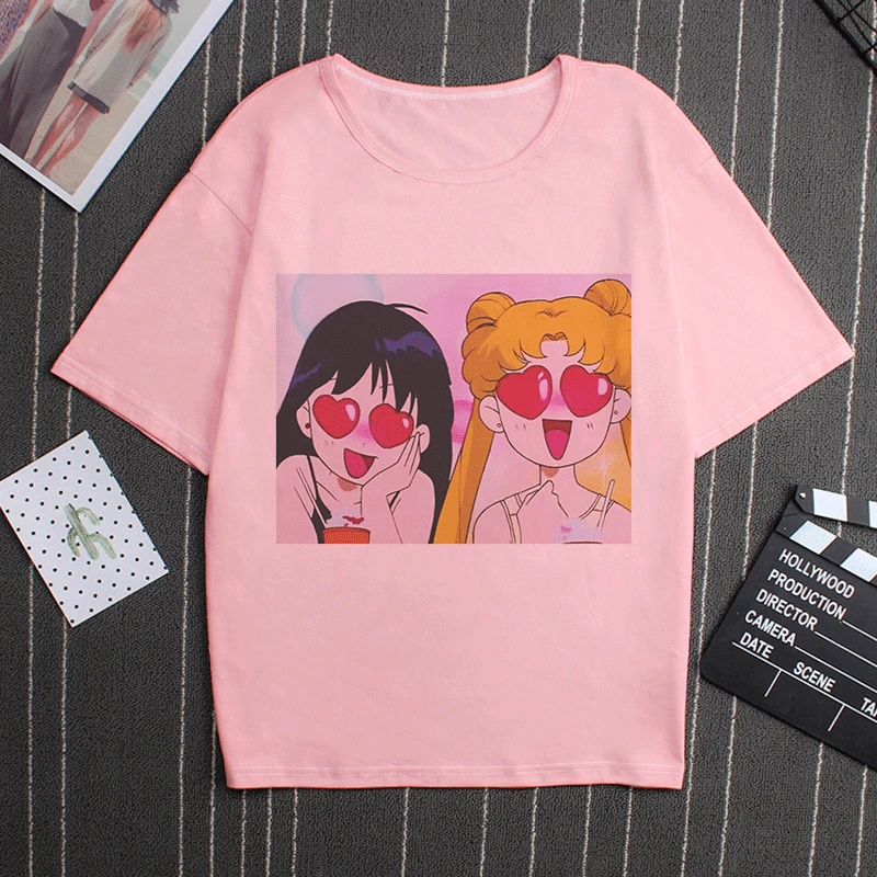 2867 Sailor Moon 90s Funny Pink T Shirt Harajuku Clothes Tshirt Aesthetic Cat Anime Vogue T-shirt Kawaii Graphic Tees Ullzang Women - Цвет: 2867