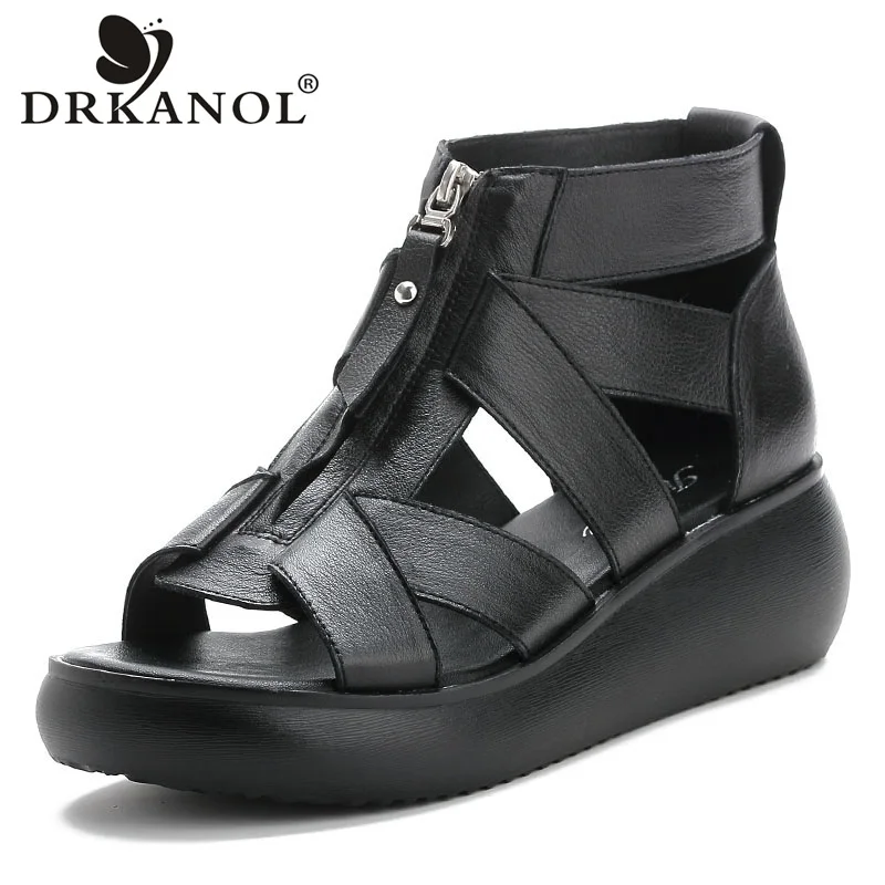 

DRKANOL Women Wedges Sandals Peep Toe Front Zipper Gladiator Sandals Women Genuine Leather Casual Platform Sandals Summer Shoes