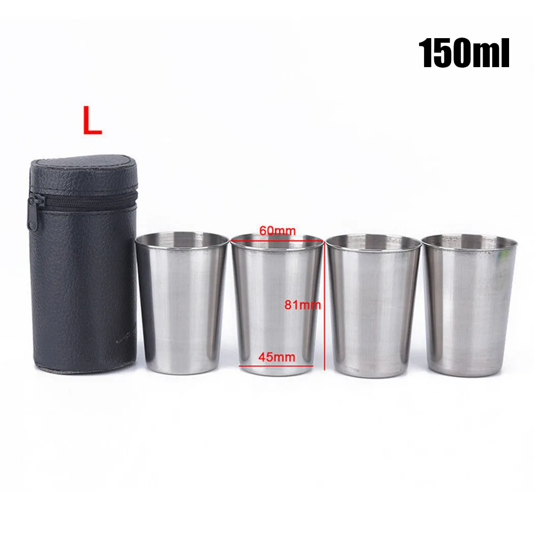 

4 Pcs Mug Cup Wine Glass Stainless Steel W/ Case For Drinking Coffee Tea Beer For Camping Tabelware
