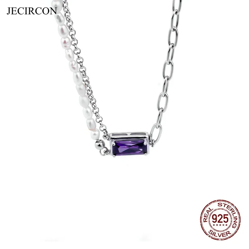 

JECIRCON 925 Sterling Silver Pearl Stitching Necklace niche Purple Zircon Clavicle Chain INS Temperament Retro Pendant Necklace